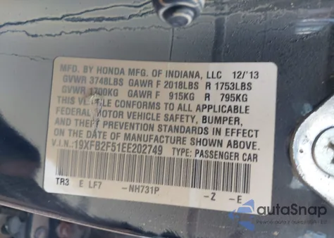 2014 Honda Civic Lx z USA, uszkodzony, nr VIN 19XFB2F51EE202749